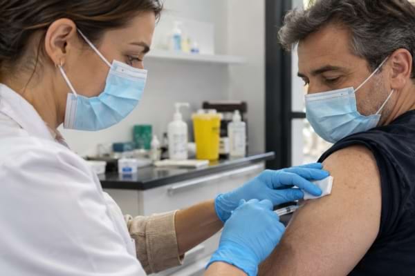 Professionnelle de santé administrant un vaccin contre le Covid-19 à un homme dans un cabinet médical.