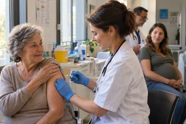 Vaccination contre la grippe d’une femme âgée dans un cabinet médical, avec une femme enceinte en attente.