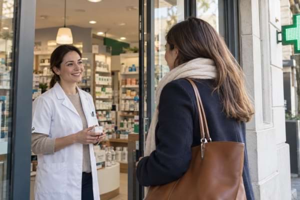 Patiente accueillie par une pharmacienne à l’entrée d’une pharmacie proposant la vaccination.
