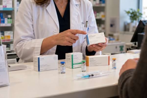 Pharmacienne présentant plusieurs vaccins contre la grippe sur le comptoir d’une pharmacie.