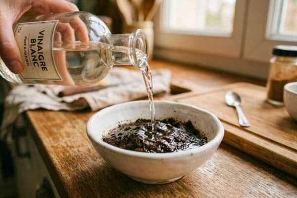 Un filet de vinaigre blanc versé dans un petit bol en céramique blanche rempli de marc de café