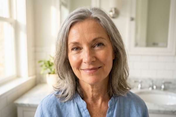 healthy senior woman's face looking softly at the camera, natural morning light