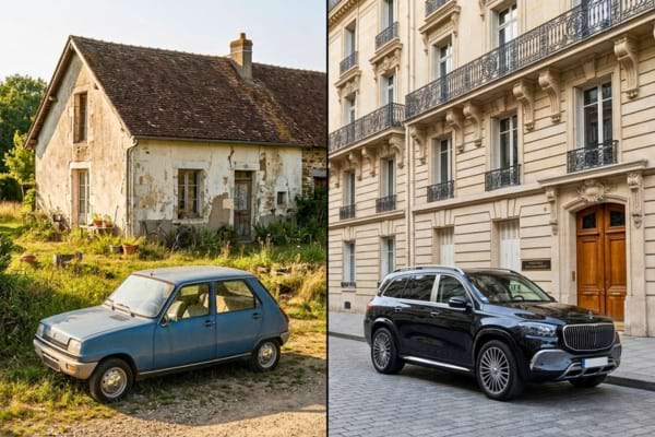 à gauche, une petite voiture citadine ancienne garée devant une maison de campagne modeste ; à droite, un gros SUV de luxe