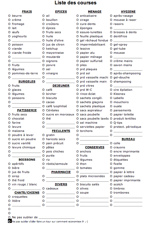 Enfin une Liste de Courses Facile à Imprimer Avant d'Aller au Supermarché.
