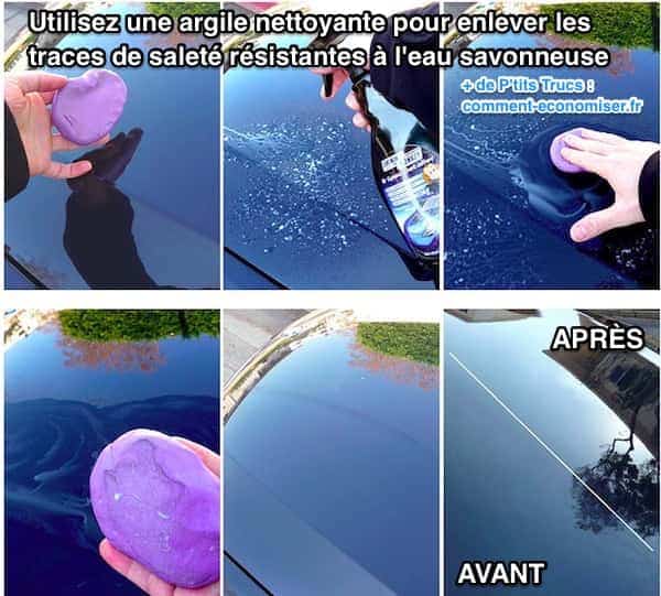 Pour enlever les traces tenaces de saleté de la carrosserie et du pare-brise de votre voiture, utilisez de l'argile nettoyante.