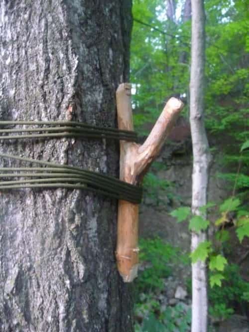 Accrochez vos affaires quand vous faites du camping, attachez un bout de bois à un tronc d’arbre.