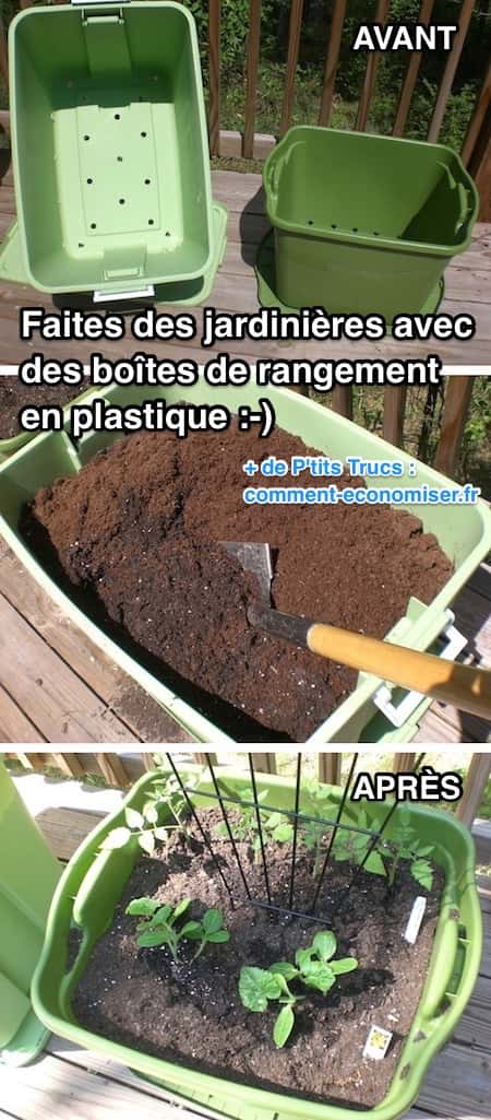 Utilisez des boîtes de rangement en plastique comme jardinière.