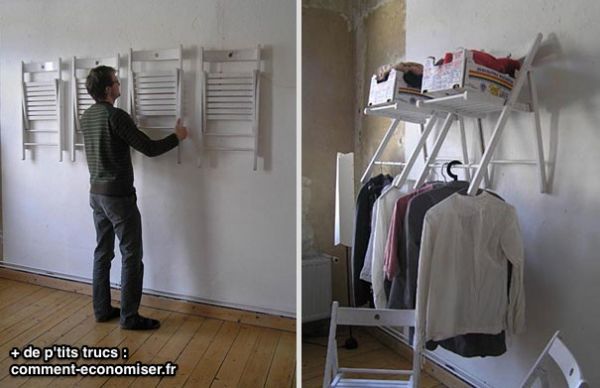 Chaises pliantes recyclées en porte-vêtements