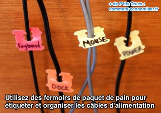 Utilisez des fermoirs de paquet de pain pour  étiqueter et organiser les câbles d'alimentation