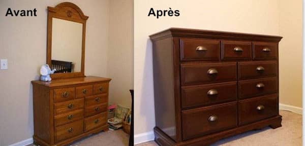 une commode rénovée avec un vernis neuf avant et après