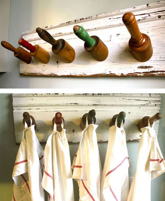 des rouleaux à pâtisserie transformés en portemanteaux