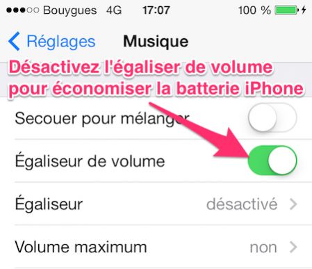 Désactivez l'égaliseur de volume pour économiser la batterie iphone