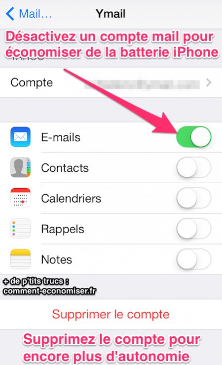 Désactivez un compte mails pour économiser de la batterie iPhone