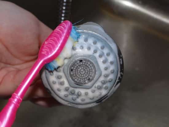 Une brosse à dents pour nettoyer le pommeau de la douche