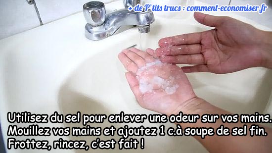 mettre une cuillère à soupe de sel fin sur les main pour enlver une odeur tenace.