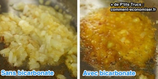 l'astuce pour caraméliser les oignons et les faire cuire 2 fois plus vite est de mettre du bicarbonate pendant la cuisson