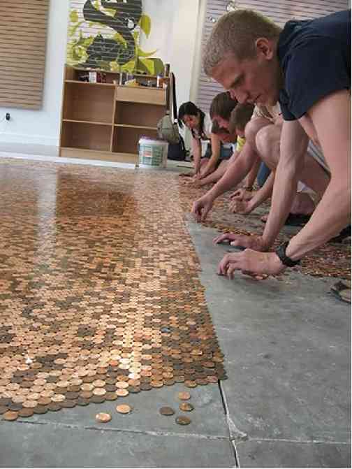 recycler objets décoration parquet mosaïque pièce de monnaie