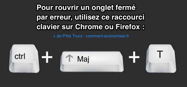 Comment rouvrir un onglet fermé par erreur : ctrl + maj + T