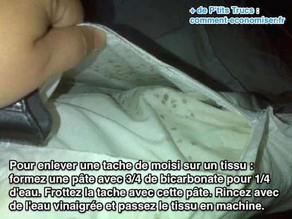 Utilisez du bicarbonate et du vinaigre blanc pour enlever une tache de moisi sur un tissu, vetement ou linge
