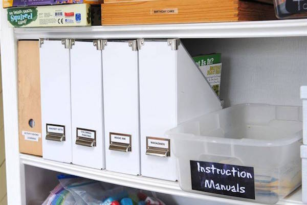 des notices d'instruction rangées dans des porte-revues