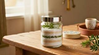 Ce bocal de romarin et gros sel posé dans l'entrée absorbe l'humidité (et parfume la maison)