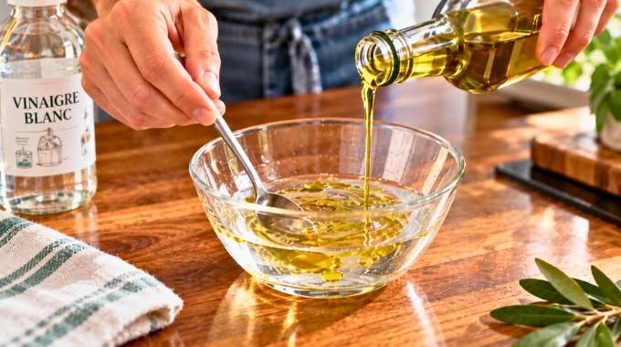 M&eacute;langer de l'huile d'olive avec 6 cuill&egrave;res de vinaigre blanc : le rem&egrave;de efficace pour entretenir votre cuisine