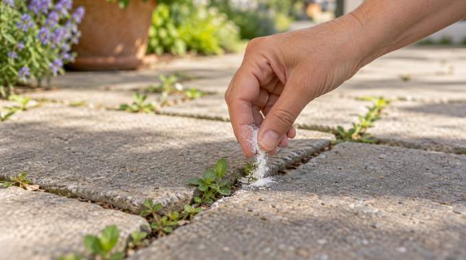 Verser du bicarbonate de soude sur les pav&eacute;s : c'est le meilleur moyen de lutter contre les mauvaises herbes