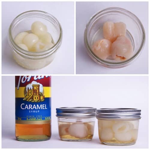 des fruits exotiques dans des bocaux avec du sirop