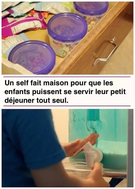 Un tiroir organisé comme un self pour que les enfants fassent leur petit déjeuner tout seul